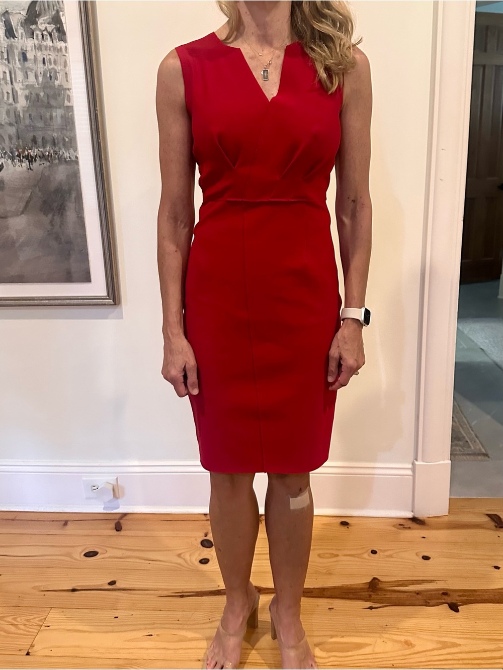Elie Tahari Vibrant Red V-Notch Sleeveless Midi Dress